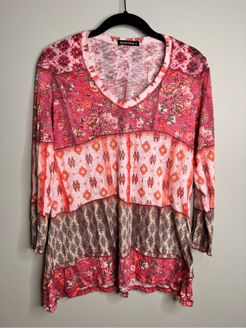 David Cline Bohoemian Colorful Print 3/4 Sleeve Lightweight T Shirt Top - Size S